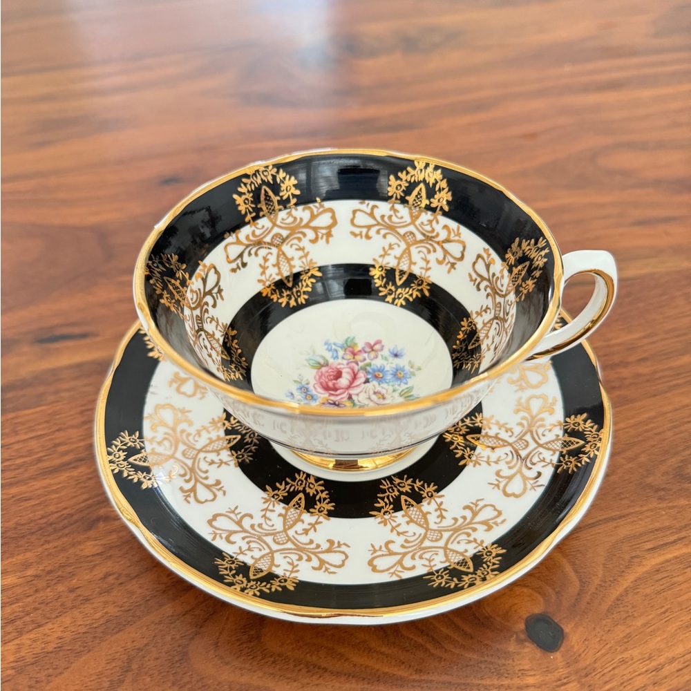 Royal Grafton Tea Cup and Saucer Set Black Cabbage Rose Gold